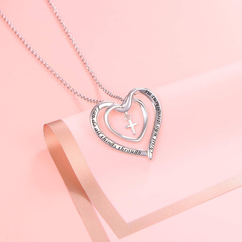 DAOCHONG S925 Sterling Silver Cross Heart Inspirational Christian Faith Bible Verse Pendant Necklace for Women Teen - Image 3